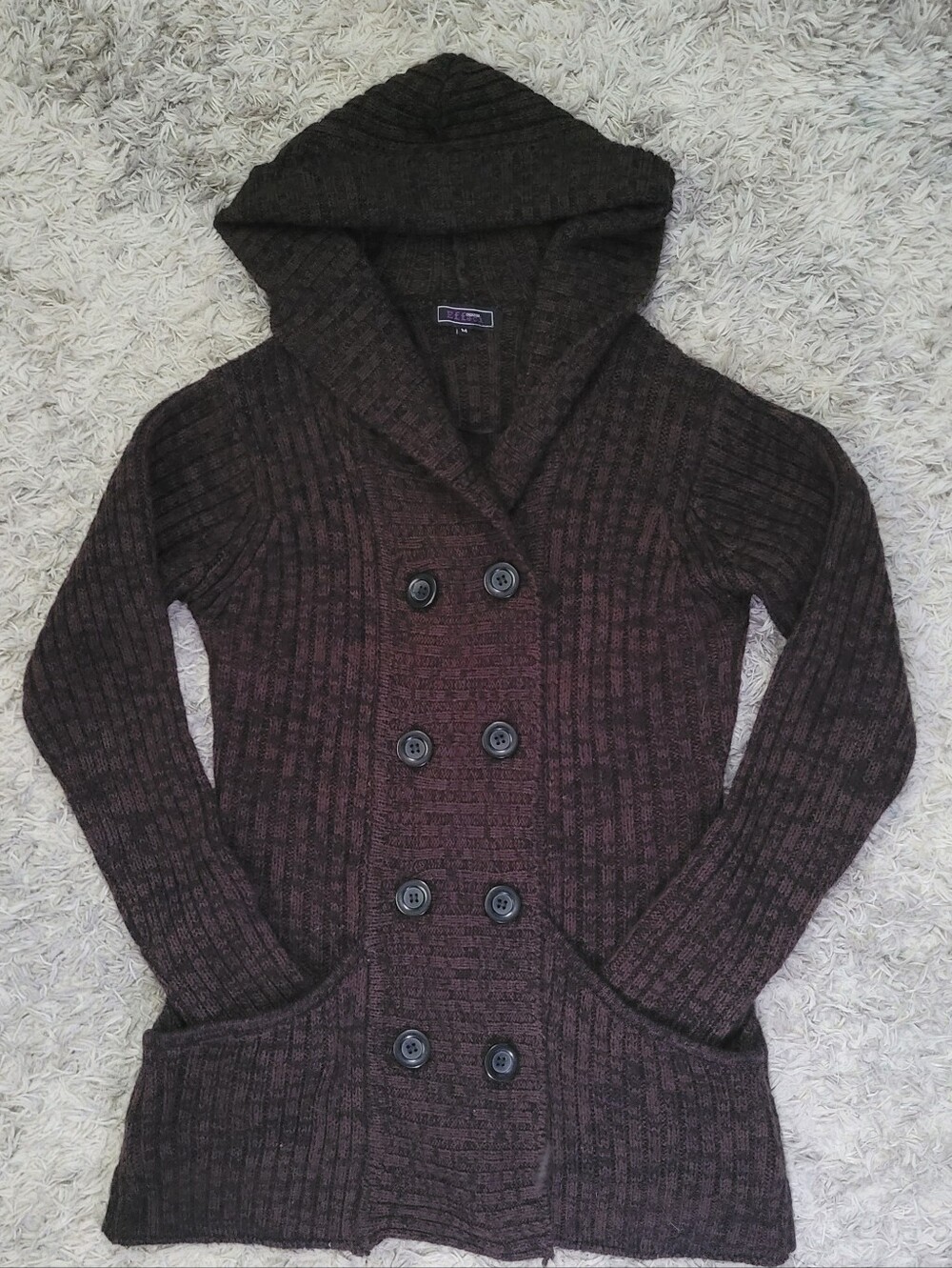 Women's Hooded Double-Breasted Knit Cardigan - Dark Brown